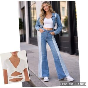 BDG URBAN OUTFITTERS COLOR BLOCK PANEL FLARE JEANS FREE URBAN OUTFITTERS TOP